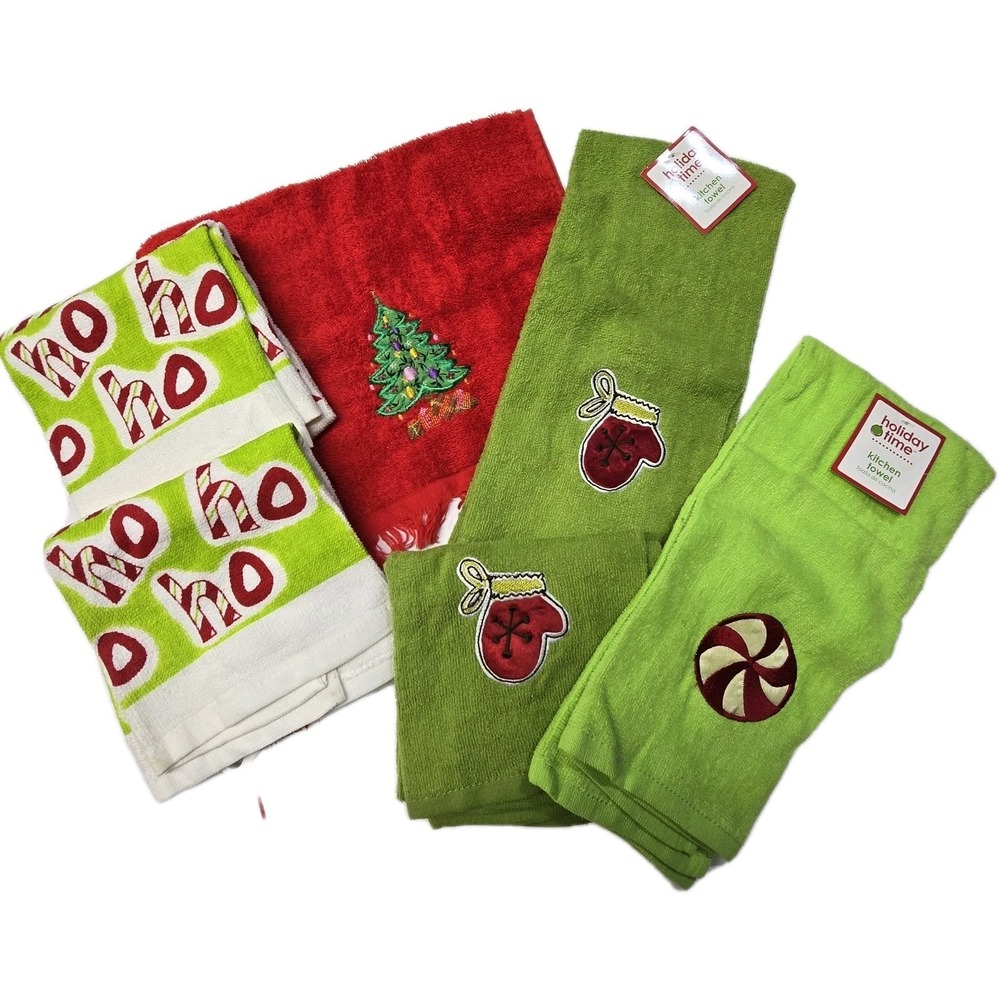 Vintage 90s Y2K Set Of 6 Holiday Hand Towels Mittens Candy Ho Ho Ho Christmas